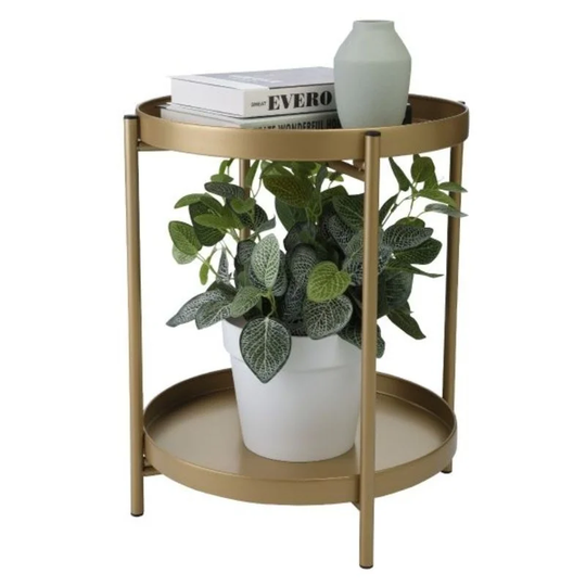 2 Tier Golden Metal Disc End Side Table - 15.7"L×15.7"W×19.5"H