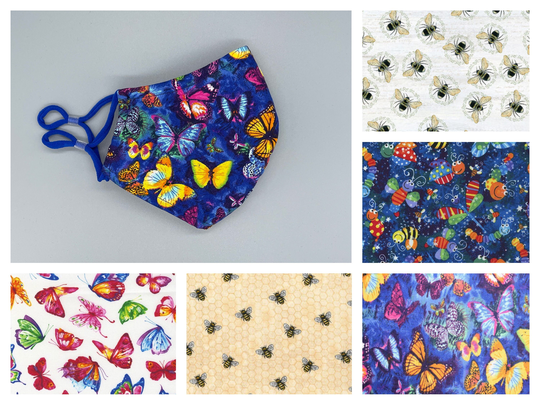Butterflies, Bees, Bugs Face Mask - Adult, Child, Kid, School, Adjustable, Nose Wire, Cotton, Washable, Handmade, Reusable