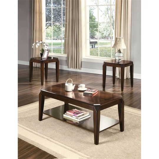 3 Pc Walnut Transitional Wooden Coffee/End Table Set with Shelf