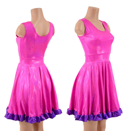 Polly Dress With Ruffles & Pockets Created in Neon Pink Sparkly Jewel Grape Holographic Hemline Ruffle 157677