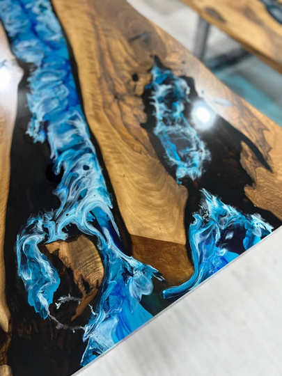 Handmade Epoxy Table, Live Edge Custom 84" X 38" Walnut Dark Blue, Turquoise & White Swirls Ocean Dining Table Order For Angy