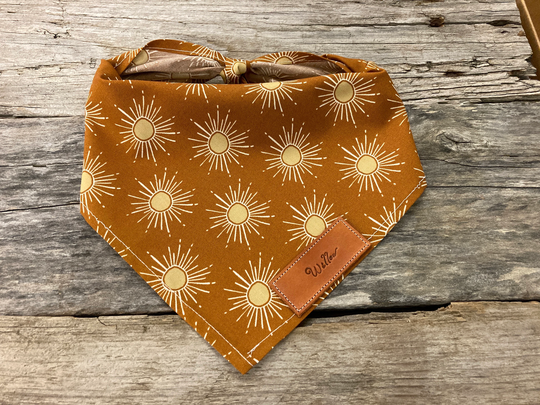 Dog Bandana, Sunshine Bandana Rust Brown Personalized Leather Tag, Tie On Boho Unisex