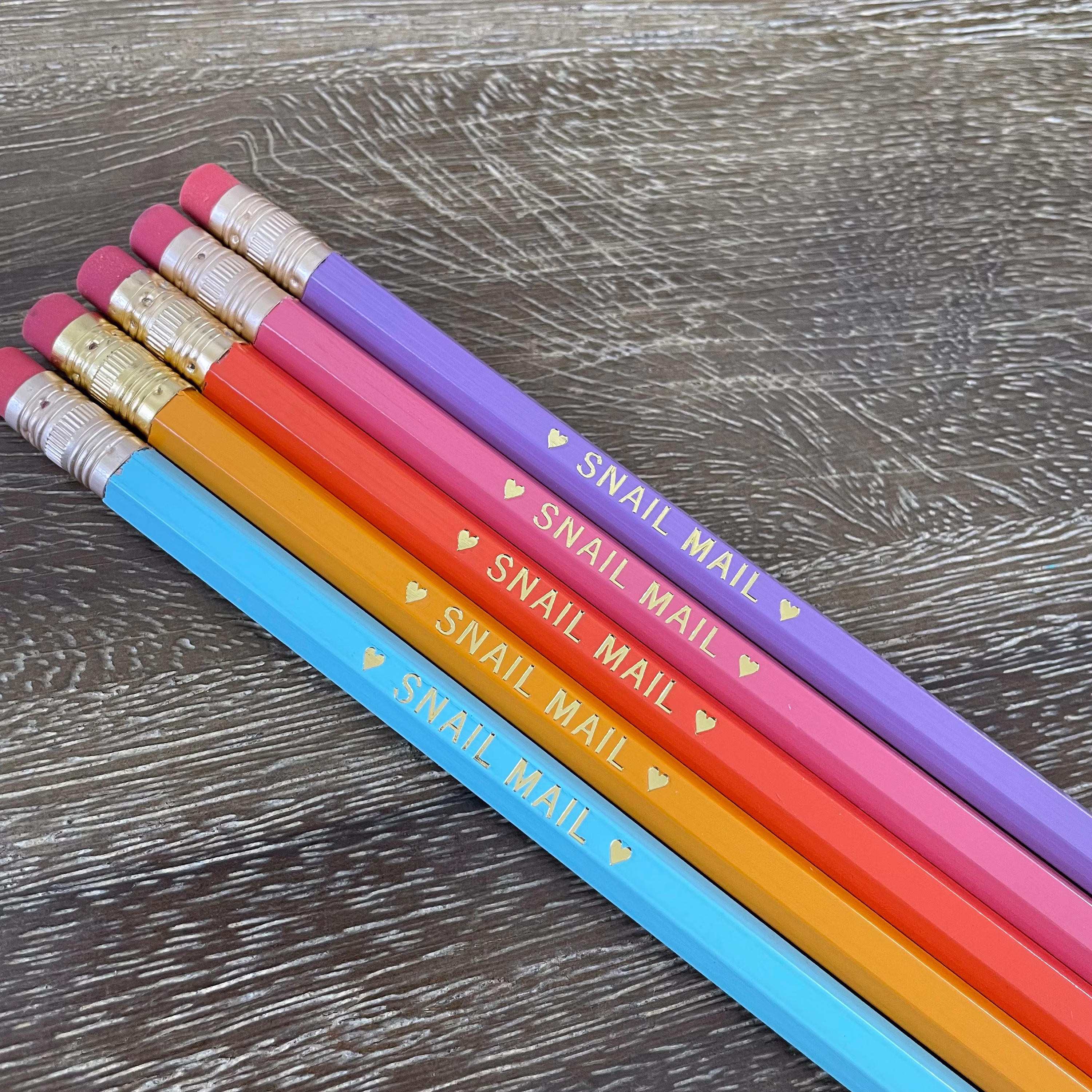 Snail Mail Pre-Printed Pencils | Set Of 5 Personalized Choose Your Color Combo, Custom Foil Printed Hb No. 2 Graphite