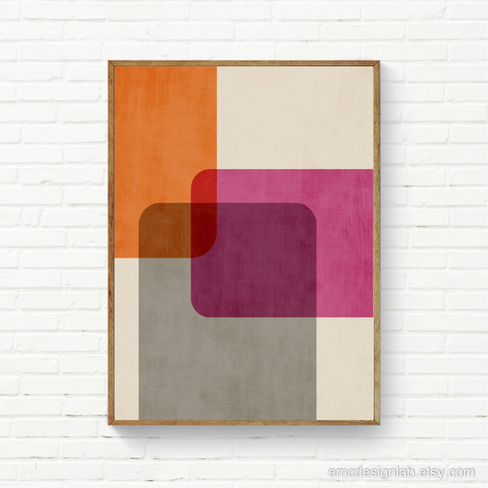 Mid-Century Minimalist Colorful Wall Art Magenta Pink Orange Kitchen Decor, Bright Colors Playful Modern Artwork Digital Painting Abstract