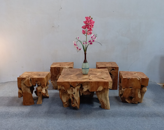 Table Set - 4 Bench/Chair & 1 Coffee Teak Root Driftwood Wood Bench