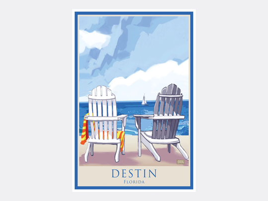 Destin Florida Adirondack Chairs Water Giclee Art Print Poster From Illustration By Artist Joanne Kollman
