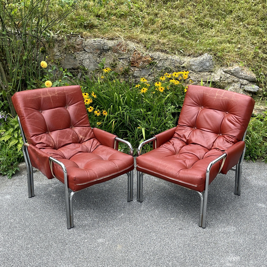 Mid-Century Modern Red Lounge Armchairs Italy 1970S Set Of 2 Vintage Italian Chair