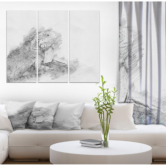 Designart 'Black and White Iguana Pencil Sketch' Animals Print on Wrapped Canvas set - 36x28 - 3 Panels
