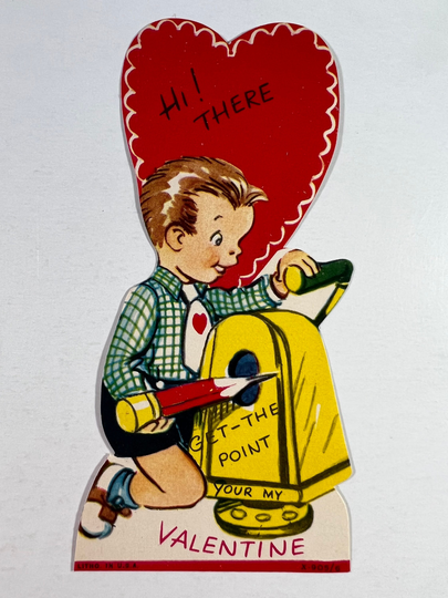 Vintage Boy & Pencil Sharpener Valentine Greeting Card - Sharpening A245