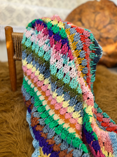 Bohemian Style Afghan, Colorful Rainbow Lap Blanket, Throw, 1970's Unique Crocheted Sofa Throw