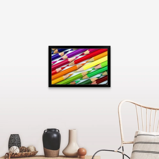 "Rainbow colored pencils arranged tip to tip." Black Framed Print