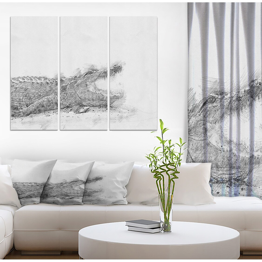 Designart 'Black and White Croc0dile Pencil Sketch' Animals Print on Wrapped Canvas set