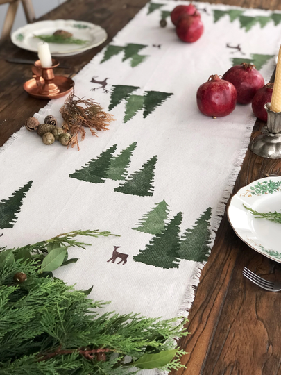 Handprinted Cotton Table Runner, Winter Runner, Custom Pine Printed Decoration, Mothers Day Gift
