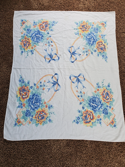 Vintage 1940's/50's Farm House Life Table Cloth Floral Baskets & Bows Worn & Faded Shabby Chic 47" X 55"