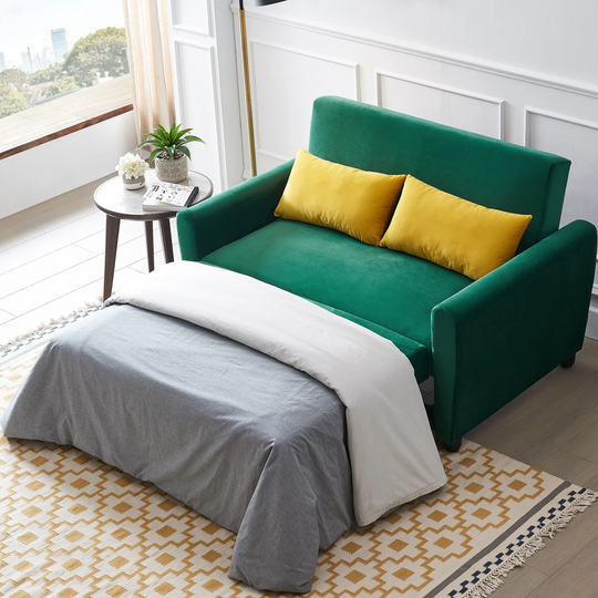 55" Modern Velvet Sofa with Pull-Out Sleeper Bed with 2 Pillows Adjustable Backrest