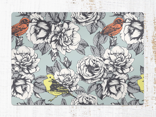Roses & Birds Chair Mat, Blue Vinyl Floor Yellow Protective Floral Splat Pvc Office Room Rug, Kids Decor