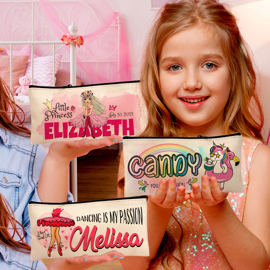 Personalized Kids Pencil Case W/Name Customized Girl Make Up Bags Custom Teenage Toiletry Cosmetic Bag/Pouch Unicorn Princess Birthday Gift