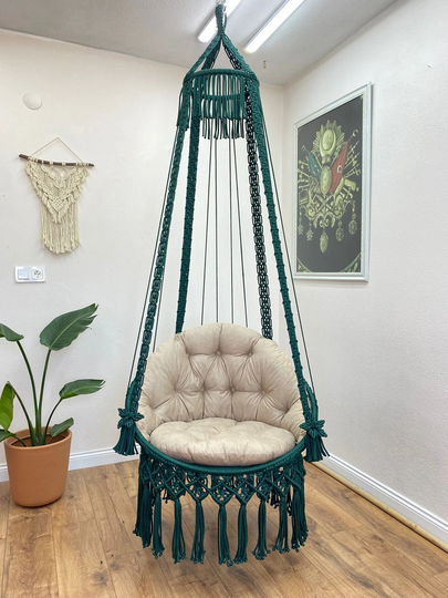 Green Macrame Swing Chair, Hanging Cotton Hammock Handmade