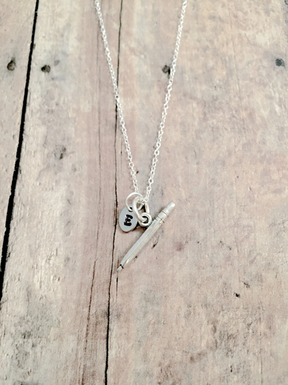 Pen Initial Necklace | Sterling Silver - Pen Jewelry, Pencil Writer Necklace, Gift, Gift