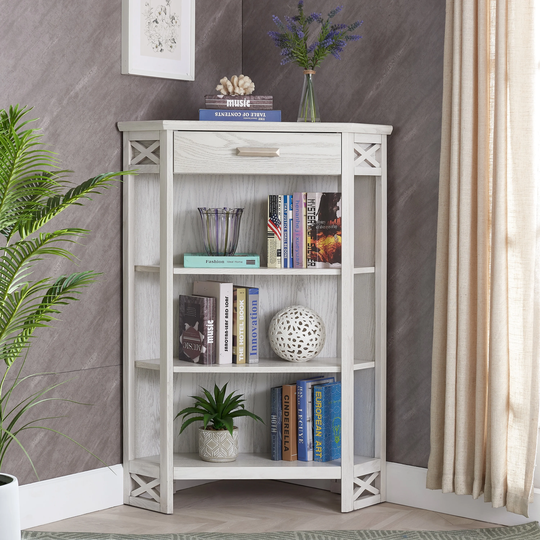 Mantel Height 3-Shelf Corner Bookcase with Drawer Storage