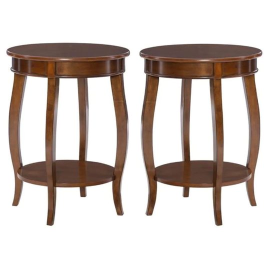 Round Wood End Table with Shelf in Hazelnut Brown - Set of 2 - 54 x 84