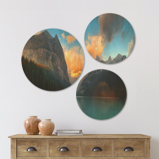 Designart 'Lake Louise Sunrise Banff Park' Modern Seascape Wood Wall Art Set of 3 Circles - Multi-Color