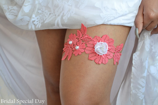 Coral Lace & White Flower Wedding Garter Set
