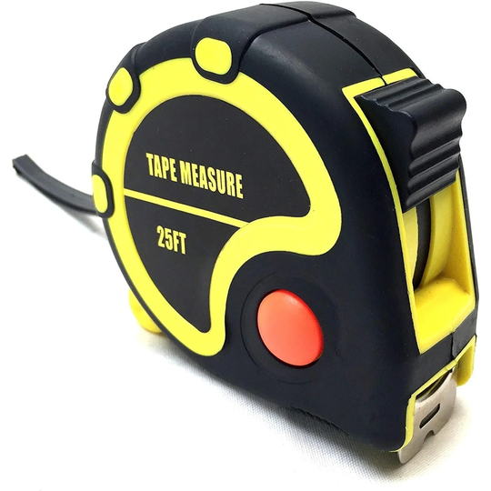 25 Foot Rubberized Tape Measure with Quick Stop Button - black yellow red