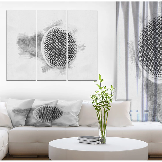 Designart 'Microphone in Pencil Sketch' Music Print on Wrapped Canvas set - 36x28 - 3 Panels