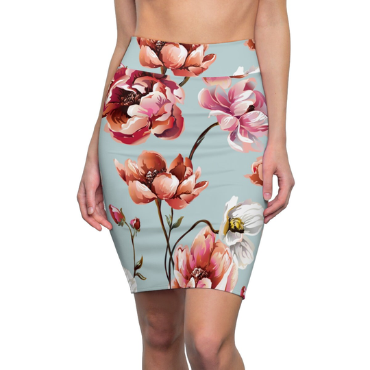 Women's Pencil Skirt, Bold Floral Print. Light Blue, Pink, Classic Vintage Pattern Large