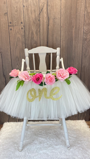 Pink High Chair Tutu Banner, Floral Highchair Skirt For Girls First Birthday Smash Cake Party Decor, 1st