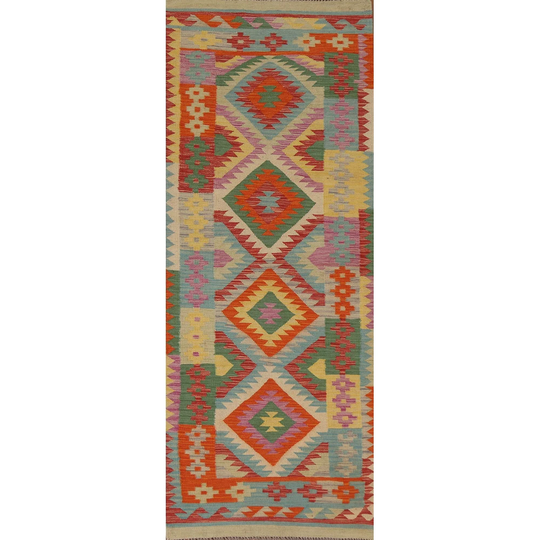 Geometric Multi-Color Kilim Runner Rug Flat-weave Oriental Wool Carpet - 2'9"x 8'1"