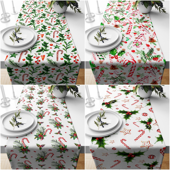 Christmas Table Runners|Winter Trend Runner|Green Leaves & Red Berries Home Decor|Candy Stick Print Xmas Runner|Farmhouse Gift