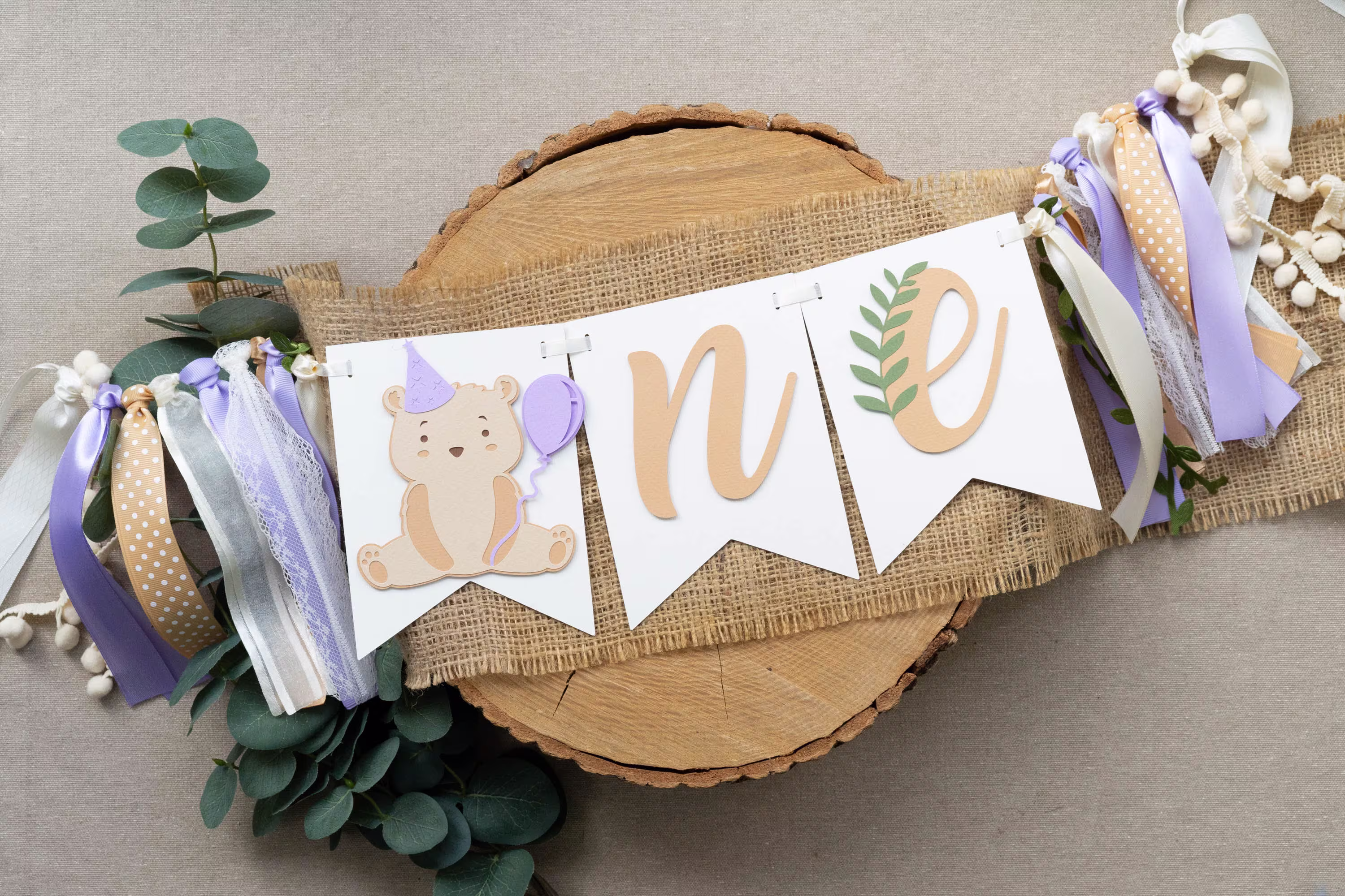 Teddy Bear High Chair Banner Baby Girl Picnic First Birthday Highchair Decor With Ribbon Tassels Violet Green Tan