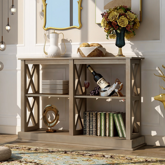 Wooden Console Table with 3-Tier Open Storage Shelf and X-Shaped Sturdy Legs, Sofa Table with 18 mm Tabletop, White Wash