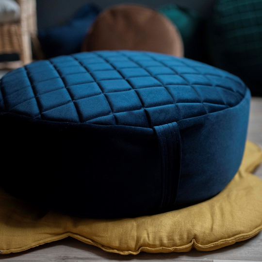 Dark Blue Velvet Round Bean Bag Chair - Toddler Nursery Floor Cushion Stylish Decor Pouf