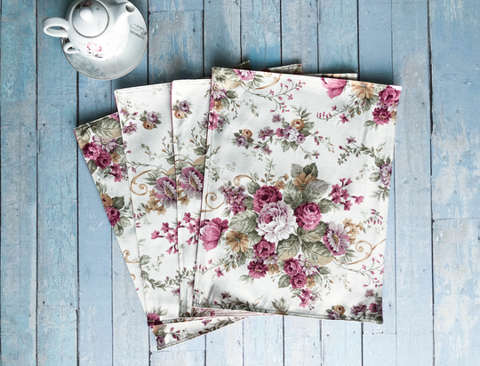 Floral Table Placemats, Handmade Roses On Cream Placemat, Fabric Mats, Summer Decor, Dining Floral Placemats Set