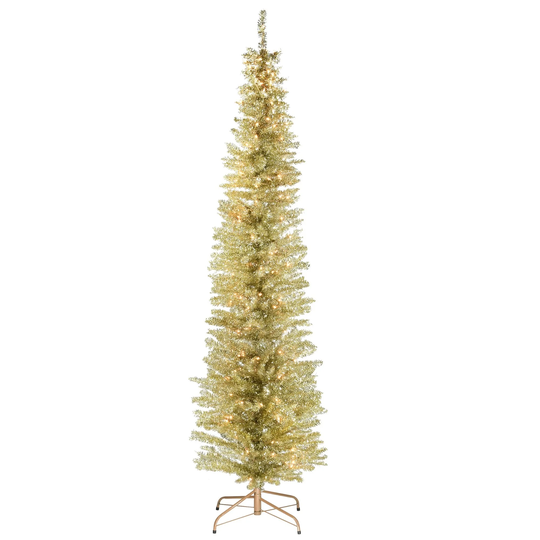 7' Pencil Champagne Gold Tinsel Artificial Christmas Tree Clear Lights - 7 Foot
