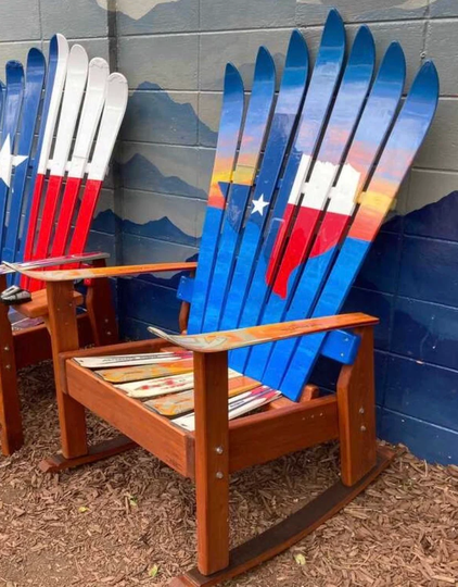 Texas Sunset Mural Flag Patio Chair, Adirondack Hand Painted Ski Outdoor Furniture, Flag, Recycled Star