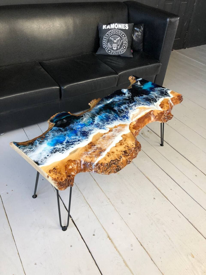 Epoxy Resin Coffee Table, Fashion Ocean Wave Resin Table, Live Edge Custom Table