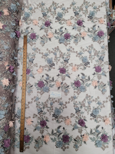 Multi-Colored Mauve Lace Fabric Embroidered On Mesh with 3D Chiffon Flowers For Dress Gown Prom Costume Diy Materials Supply