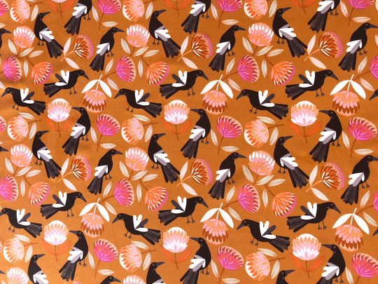 Magpie Bird & Protea Flower Ochre Brown Floral Quilting Cotton Fabric By 1/4, 1/2 Yard Or Fat Quarter, Australian