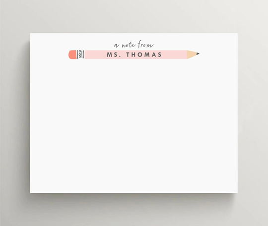 Personalized Stationery Set, Flat Personal Stationery, Note Card, Teacher Custom Pencil