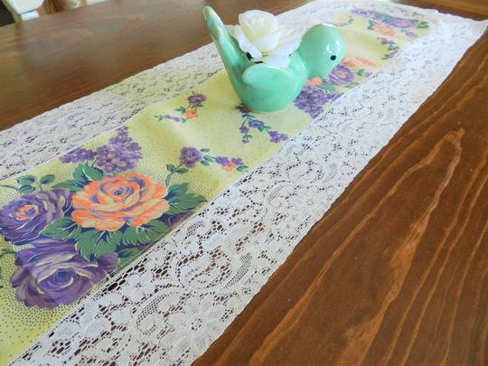 Floral Table Runner, Lace Trim, Purple Rose Runner, Peach Romantic Print