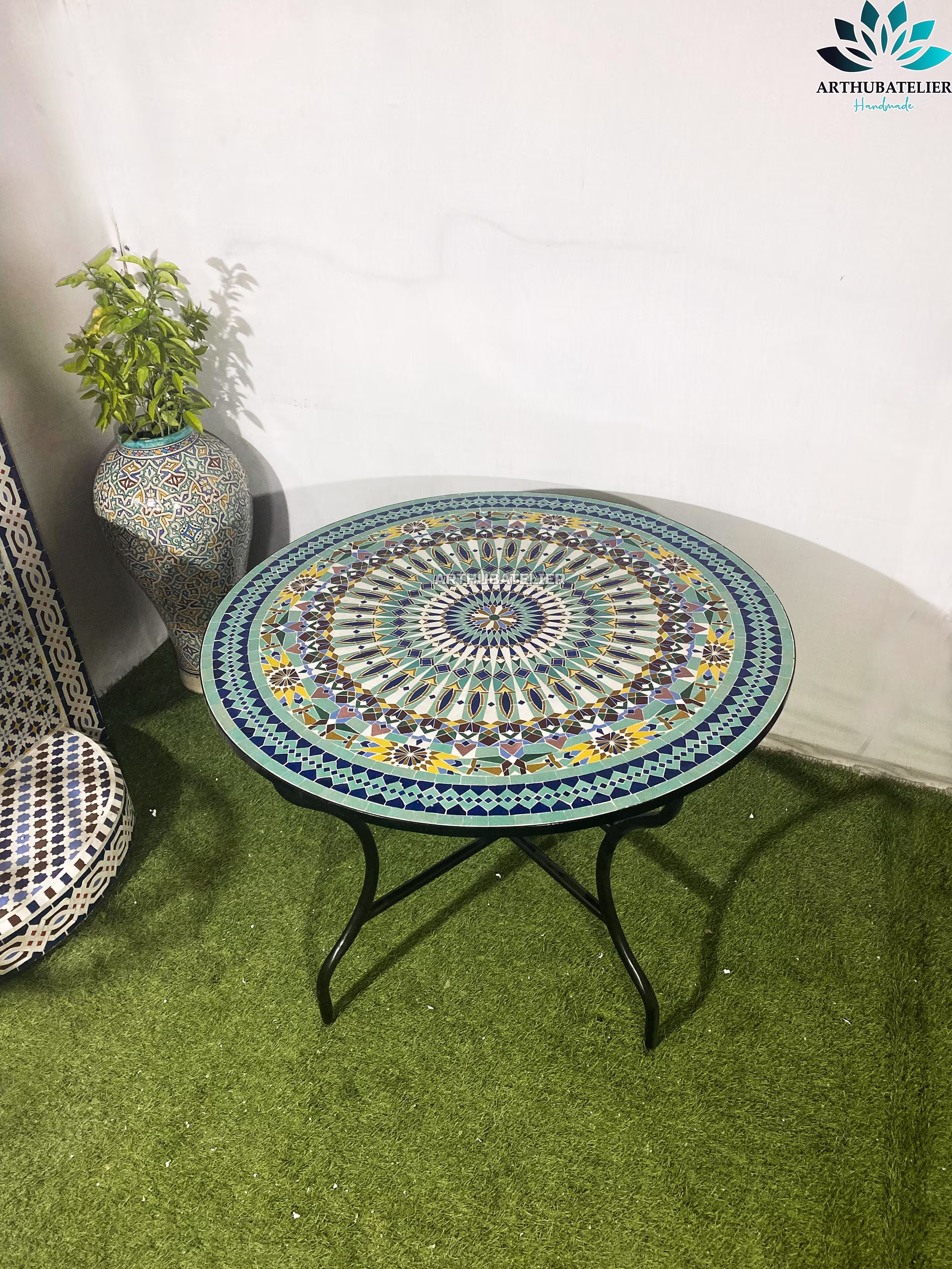 Mosaic Table For Outdoor & Indoor Round 40 Inches Unique Mandala Design 100% Handcrafted, Large Luxury Round Table Made From Tiles