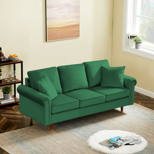 Velvet Sofa Couch with 2 Pillows, Modern 3 Seater Sofa With Wood Legs for Living Room and Bedroom Green