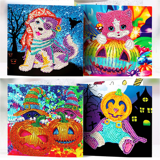 Halloween 4Pcs Diamond Painting Greeting Card Round Drill, Diy Art Kit, Creative Gift