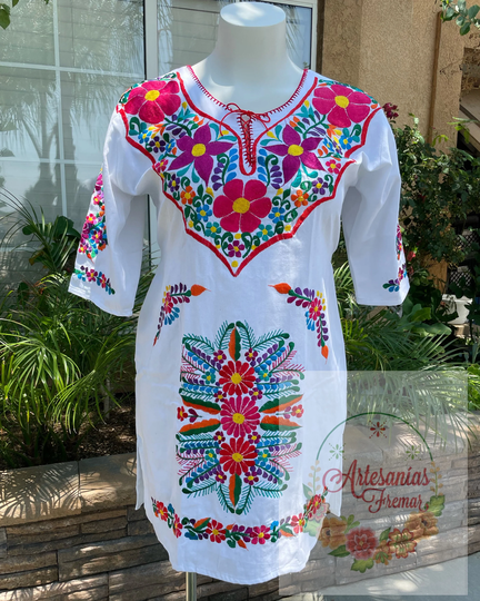 Vestido Rosy Bordado De Colores, Bordados Mexicano, Mexican Dresses With Colorful Embroidery, Elegant 3/4 Sleeve Dress