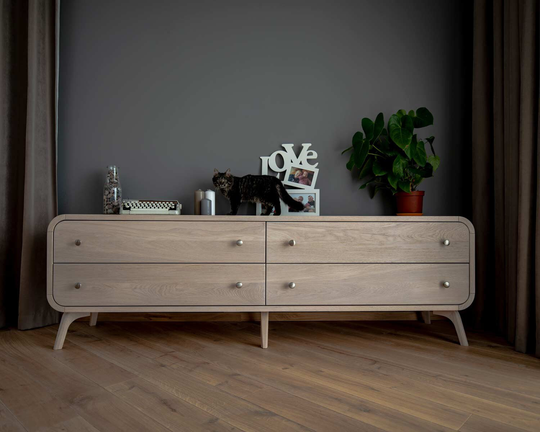 Solid Wood Sideboard in Whitened Oak, Tv Console Table With 4 Drawers, Media Console, Low Dresser Art Deco Record Storage Handmade Furniture