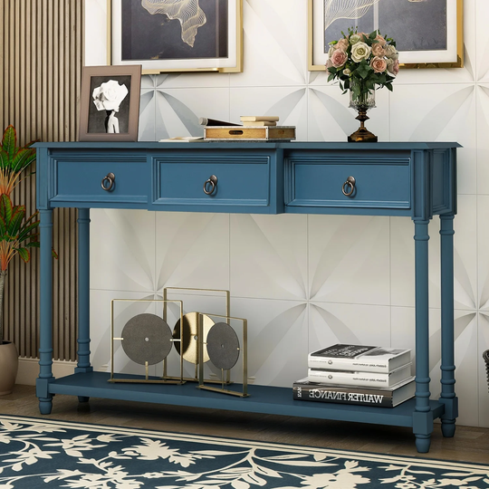 Console Table with Fixed Lower Shelf and 3 Storage Drawers, Sofa Table with Tapered Legs and Round Deco Knobs, Antique Navy